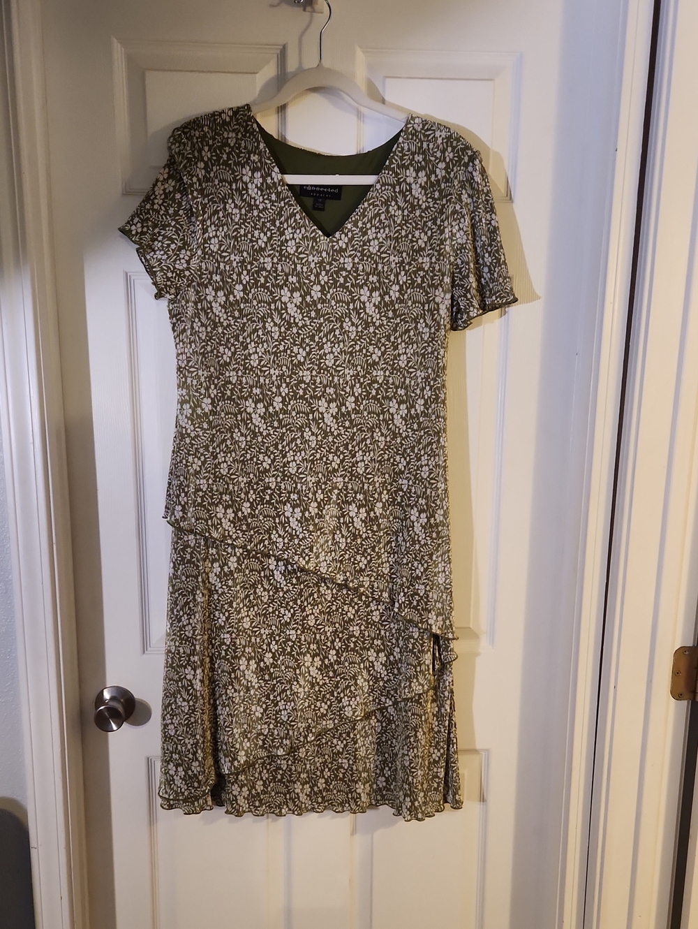 connected apparel Olive and White Floral V-Neck Tiered Dress